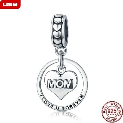 New Trendy 925 Sterling Silver I Love MOM Heart Pendants fit Bracelets for Women S925 Fine Jewelry Gifts Mothers Day Gift