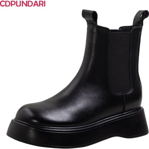 Ladies Black Genuine Leather Platform Ankle Boots Women Autumn Winter Lolita Style Chelsea Short Boots Shoes Bottes Plateforme