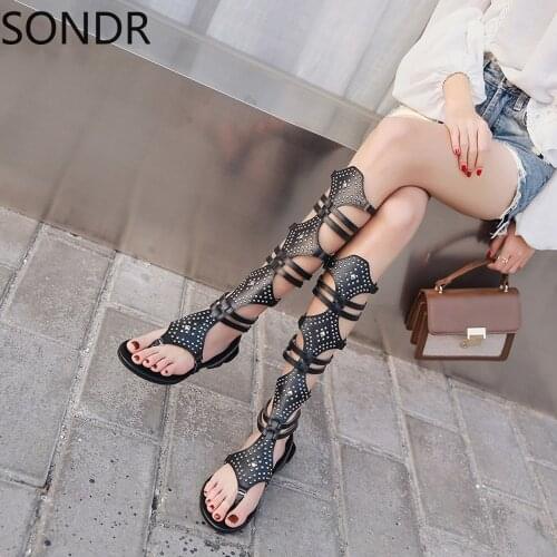 Womens Rhinestones Cyrstal Strappy Flat Roman Cut Out Knee High Gladiator Thong Sandals Boots Shoes Gladiator 2 Colors New 2021
