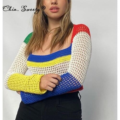Womens Square Collar Long Sleeve Knit Pullovers 2021 Autumn Patchwork Hollow Out Super Short Sweaters Ladies Fashion Street Top