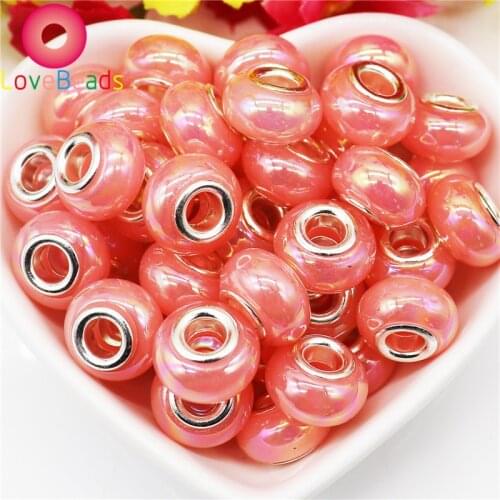 10pcs New Pink Color Murano Resin Large Hole Beads Fit Pandora Spacer Charms Bracelet Necklaces Women Jewelry Making Beads Craft