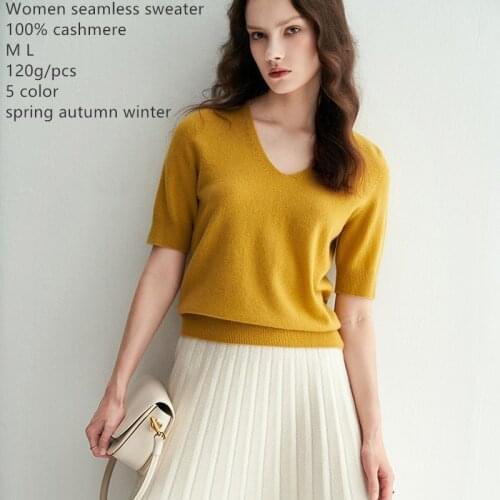Naizaiga 100% cashmere Seamless Solid V-neck short Sleeve Girl summer Mother 12 pins Pullovers cashmere sweater ,ZRFS309