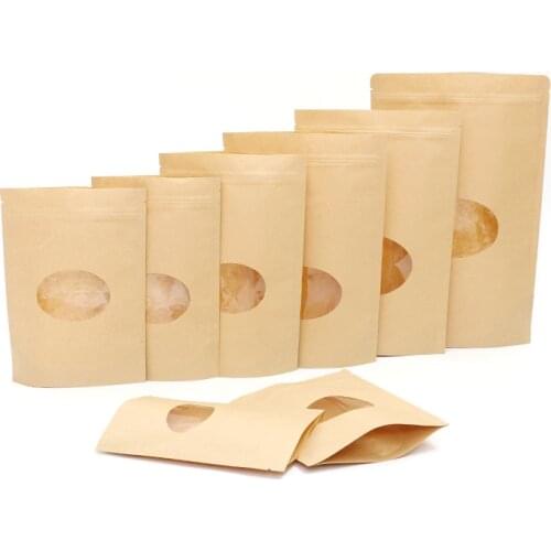 100pcs/lot Brown Standup Kraft Paper Gift Bags Oval Zipper Packaging Bags Coffee/Food/Candy/Party/Wedding Gift Ziplock Bags 2019
