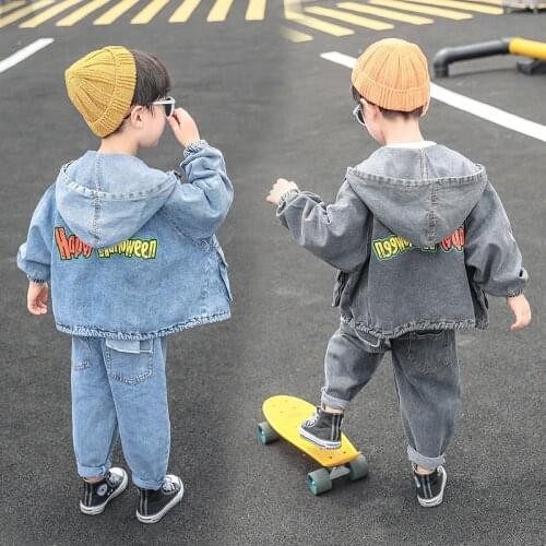 Streetwear Clothes Spring Fall Boys Loose Casual Denim Clothing Set Children Hooded Jacket + Jeans 2 Pcs Kids Spliced Suits B272