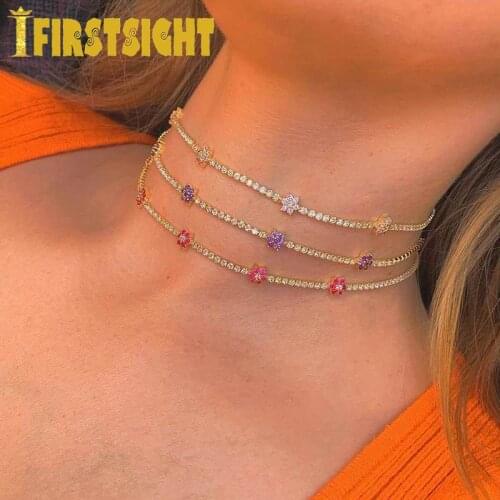 2021 New Design Women Choker Girl Jewelry 2mm Tennis Chain Minimal Delicate Cute Lovely Flower Charm Rainbow Colorful Necklace