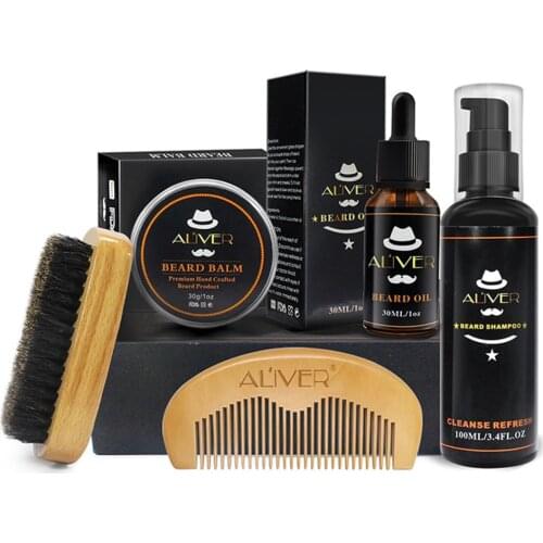 5pcs/set Beard Care Shampoo Wood Comb Mustache Gift Oil Kit Cream Men Brush Styling