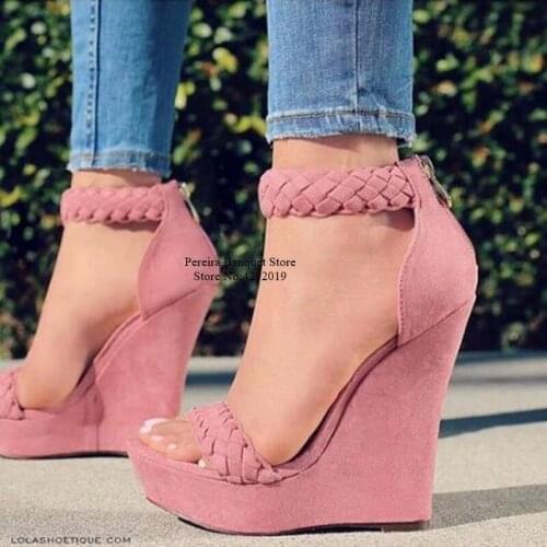 Sexy Pink Wedge Sandals Peep Toe Weave Braid High Platform Summer Shoes Cut-out Super High Wedges Dress Shoes Drop Ship