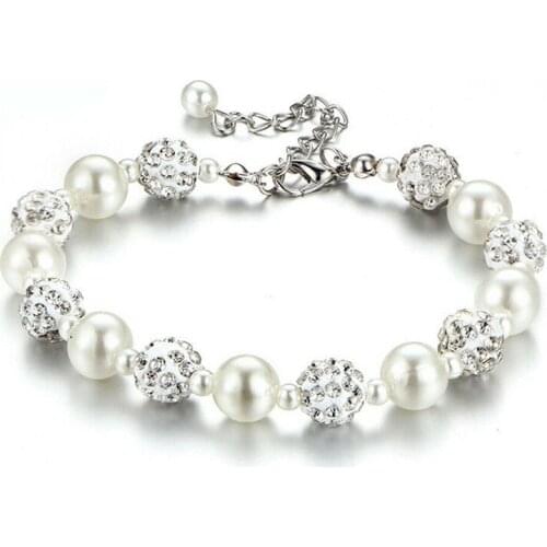 Women Girls Silvery Plated Bracelets Charm Beaded Bracelets Womens Jewelry Crystal Heart Bangle Pearl Bracelet