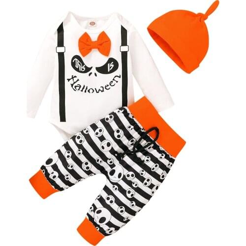 2021 New Arrival 3Pcs Baby Halloween Outfit, O-Neck Long Sleeves Romper + Skull Stripe Pants + Hat for Toddler Boys, 0-18 Months