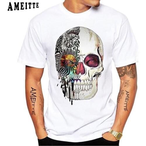 New Summer Fashion Men Short Sleeve Colourful Half Skull Face Print T-Shirt Hip Hop Boy Casual Tops Vintage Woman White Tees