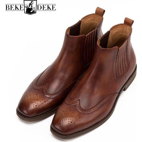 Italy Vintage Mens Chelsea Boots Breathable Cow Real Leather Slip On Business Work Safety Shoes Retro Brogue Wing Tip Footwear