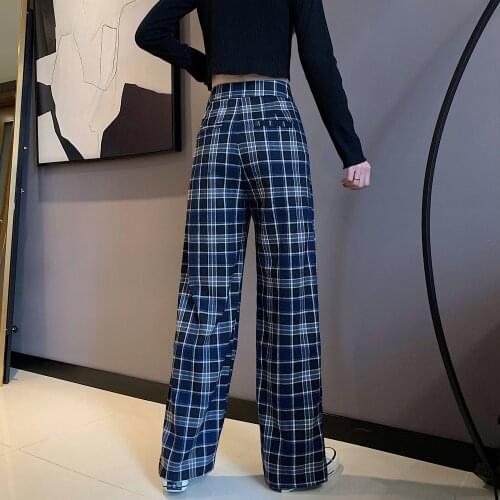 Summer Simple Vintage Plaid Causal Long Women Pants Street Fashion Straight Wide Leg Pant 2021
