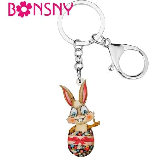BONSNY Acrylic Cute Floral Easter Eggs Rabbit Bunny Keychains Ring Fashion Car Key Chain Novelty Gifts Jewelry For Women Girls
