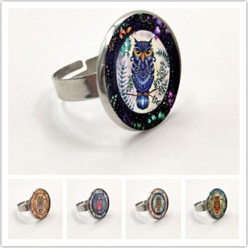 NEW Fashion Owl Rings Jewelry Glass Cabochon Time Gem Bird Picture Ring Women Fashion Jewellery