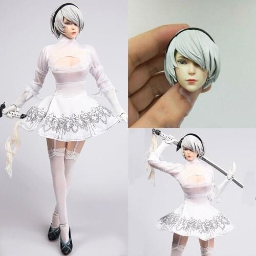 TYM073 1/6 NieR Automata 2B Female White Battle Costume Skirt Clothes Sliver Hair Head Sculpt Carving for 12" Action Figure Body