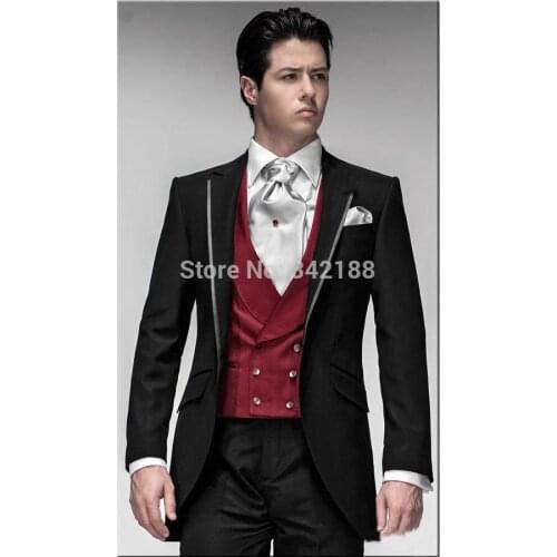 New Design Black Groom Tuxedos with red vest Groomsmen Mens Wedding Suits Best man Suitswedding men clothes