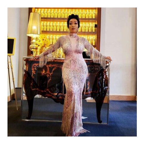 Gold Rhinestones Fringes Dress Singer Evening Performance Tassel Long Dresses Stage Wear Prom Birthday Celebrate Party Outfit