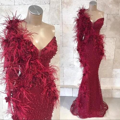 One Shoulder Burgundy Mermaid Prom Dresses Lace Beads 3D Floral Appliqued sweetheart luxury feather Floor Length Evening Gowns