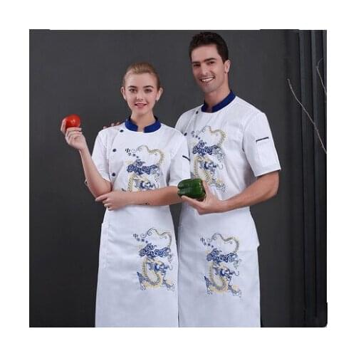 Men Women Embroidery Dragon Cook Uniform Short Sleeve Kitchen Work Wear Mesh Patchwork Breathable Food Service Chef Jacket Apron