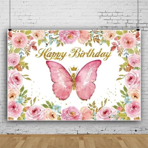 Spring Flowers Butterfly Flying Pink Party Background Girl Birthday Decoration Photography Studio Photo Baby Show Vinyl Backdrop