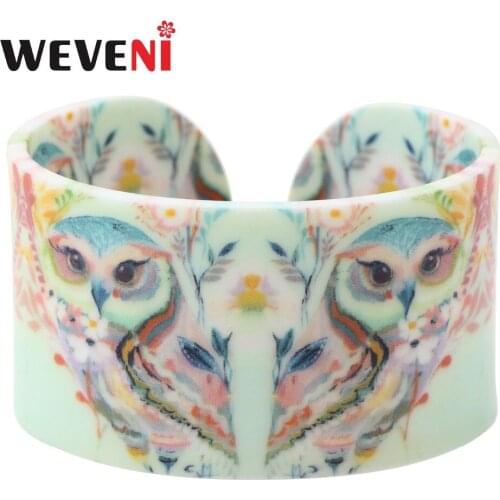 WEVENI Acrylic Owl Flower Printing Love Wide Bangles Bracelet Jewelry For Women 2017 New Animal Jewelry Accessories Gifts