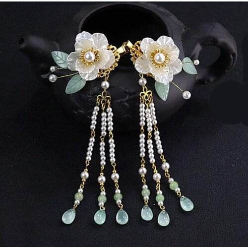 White Camellia Hair Clips Long Tassel Pearl Hairpin HanfuTraditional Headdress Handmade Hair clip
