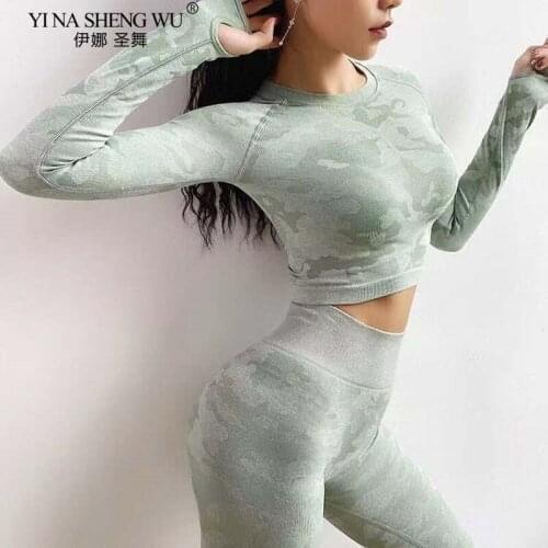 Women Seamless Fitness Clothing Yoga Set Sport Long Sleeves Tops Camouflage Gym Push-up Leggings Pants Suit Workout Sportswear