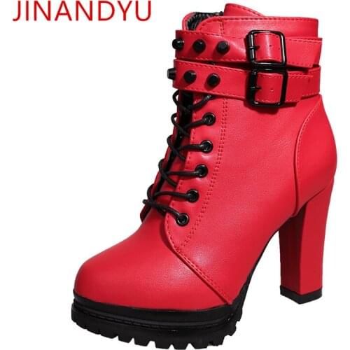 High Heels Women Shoes Leather Boots Platform Shoes Women Spring Round Toe Block Heel Boots Fashion Black Red High Heels Women