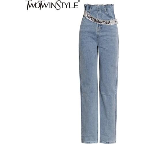 TWOTWINSTYLE Blue Wide Leg Pant For Women High Waist Letter Graphic Lace Up Colorblock Full Length Denim Trouser Female 2021 New