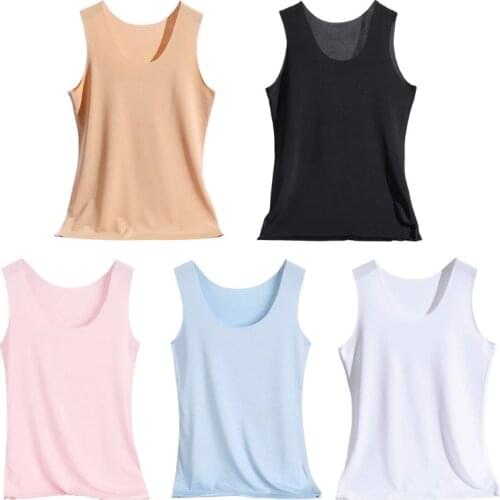 Womens Summer Seamless Tank Top Wide Shoulder Straps Ice Silk Traceless Slim Vest Solid Color U-Neck Basic Underwear