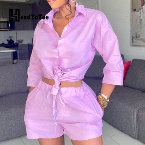 Solid Long Sleeve Shirt Tops & Pocket Shorts Set Women Two Piece Set