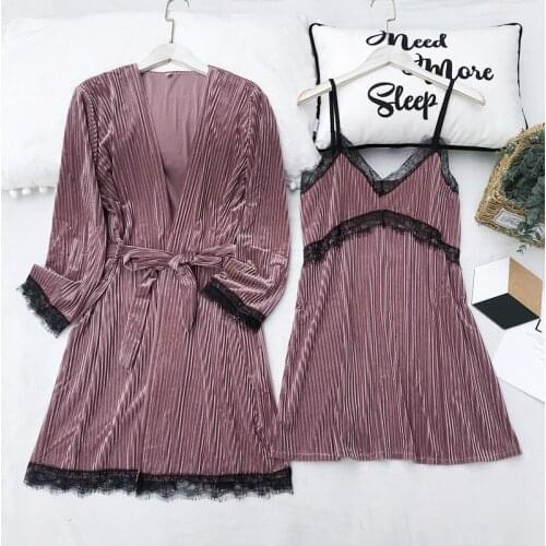 2021 New Velour Female Casual Kimono Bathrobe Gown Sexy Lace 2PCS Robe Set Intimate Lingerie Autumn New Sleepwear Home Clothing