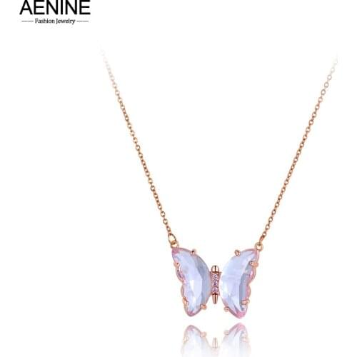 AENINE Original Design Rose Gold CZ Crystal Butterfly Charm Pendant Necklaces For Women Trendy Titanium Steel Necklace AN20178