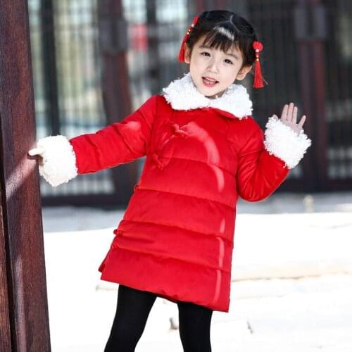 Winter Girls Chinese National Style Warm Parkas Dresses Girl New Year Long Coat Traditional Plus Velvet Fur Collar Retro Clothes