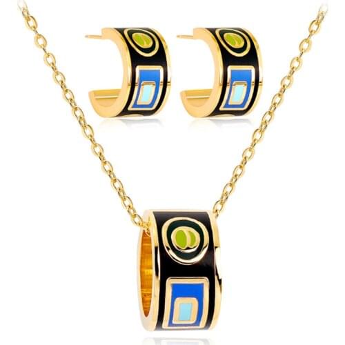 Zlxgirl hot quality Colorful Enamel stainless pendant earring jewelry set gold color small couple jewelry sets russian design