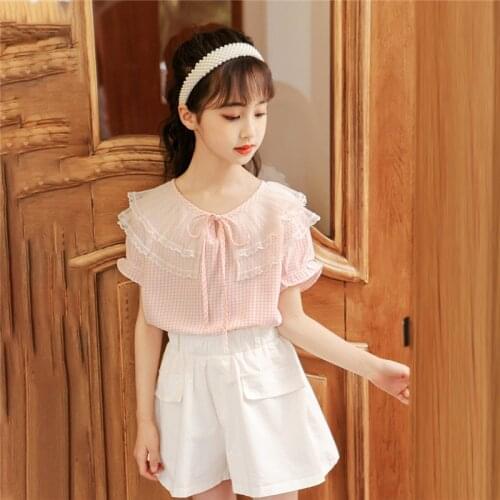 2 Piece/set Childrens Clothes Suit Fashion Lace Short-sleeved T Shirts And Shorts Summer Two-piece Tops Suit 5 14 Years Girls