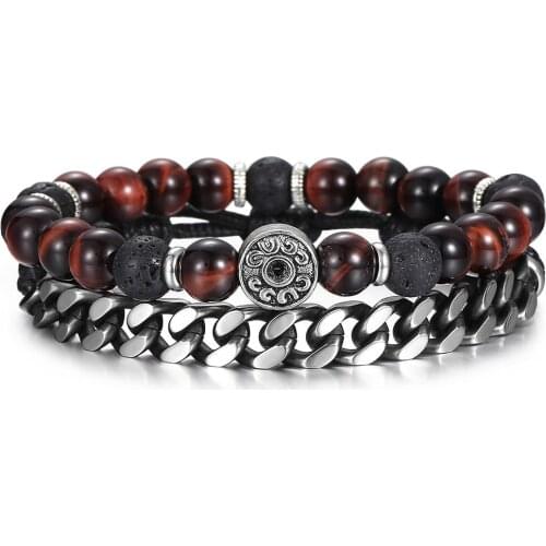 2pcs/Set Mixed Bracelets for Men Women Oxidized Stainless Steel Curb Cuban Link Tiger Eye Stone Leather Adjustable DDLBF59