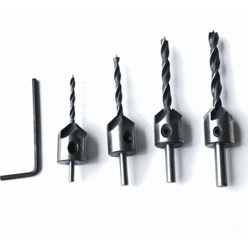 Free shipping of 4PCS home woodworking 3/4/5/6mm three pointed woodworking chamfering drills Countersink Drill Bit Kit+Wrench