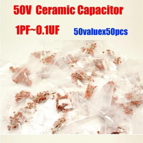 Free Shipping 50valuesX50pcs=2500pcs 50V 1PF ~ 0.1UF Ceramic Capacitor Assortment Kit