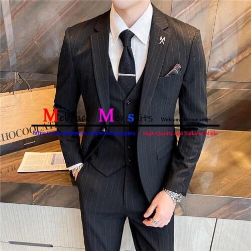 3 Piece Noble Men Suits Pinstripe Fashion Black Designer Groom Suit For Best Man Customized Tuxedo Fit Party Wear Formal Suits
