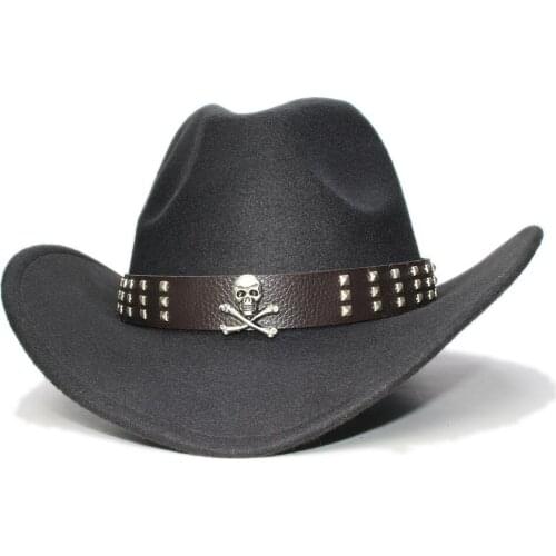 Big Large Plus Size 61CM Retro Women Men Wool Wide Brim Cowboy Western Cowgirl Hat Formal Bowler Cap Skull Leather Band Band