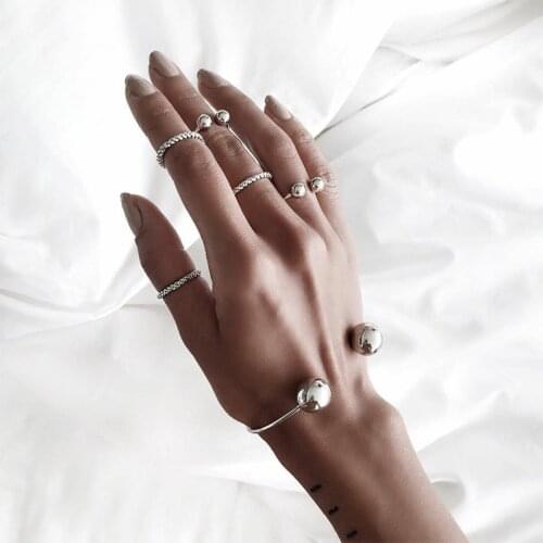 6 Pcs/Set Bangle Classic Twist Bead Adjustable Opening Silver Color Ring Set Women Charm Party Wedding Jewelry