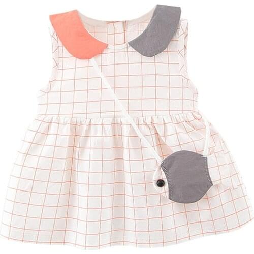 Kids Clothes Girls 2021 New Summer Cotton Comfortable Peter Pan Collar Plaid Splicing A-Line Dress Sleeveless Dress For Children
