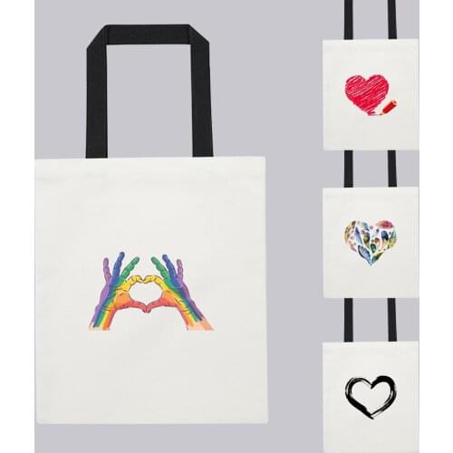 Eco Shopping Bag Women Harajuku Style Shopper Handbags Love Heart Pattern Series Printing White Tote Bag Reusable Shoulder Bag