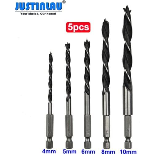 JUSTINLAU 5-Piece Set Hex Shank Three-Point Woodworking Straight Shank Twist Drill 4-5-6-8-10mm Woodworking Reaming Tool Set