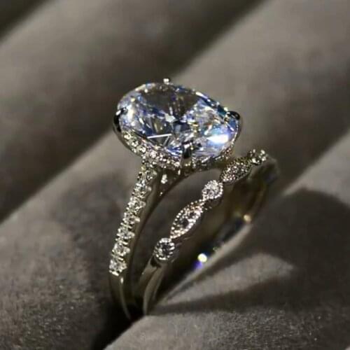 Luxury High Carbon 9 Carat sparkling AAAAA+ Oval Wedding rings Top quality 925 Sterling silver 9 *13 mm Egg CZ Female Rings Set