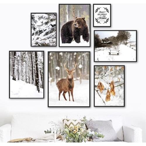 Forest Deer Brown Bear Snow Scene Quote Wall Art Canvas Painting Nordic Posters And Prints Wall Pictures For Living Room Decor