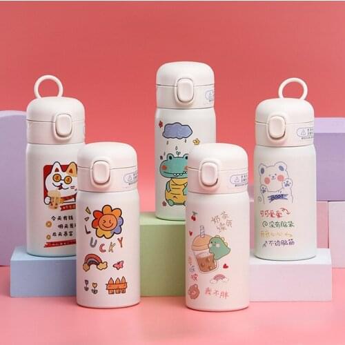 Cute student cartoon thermos cup portable lid portable pea cup 304 stainless steel childrens water cup with straw