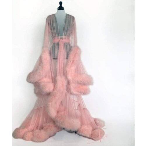 New Pink Feather Robes Evening Dresses Pregnant Women Photo Robes Womens Edge Tulle Long Bridal Robe Bathrobes with Belt