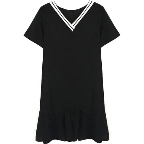 PERHAPS U V Neck Short Sleeve Ruffle Loose Black Knee Length Solid Dress Summer Casual D0447
